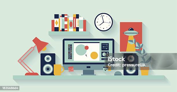 Vector Illustration Of Office Desk With Computer Stock Illustration - Download Image Now - Lifestyles, Modern, Abstract