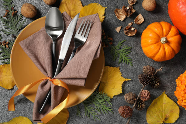 istock Happy Thanksgiving day. Beautiful table setting and autumn decoration on grey background, flat lay 1835689320