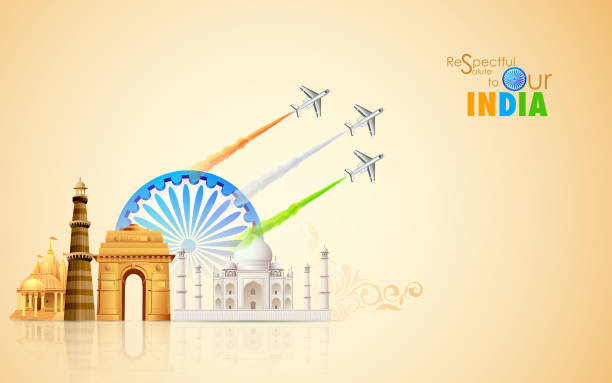 India Background illustration of airplane making Indian flag on monument backdrop republic day stock illustrations