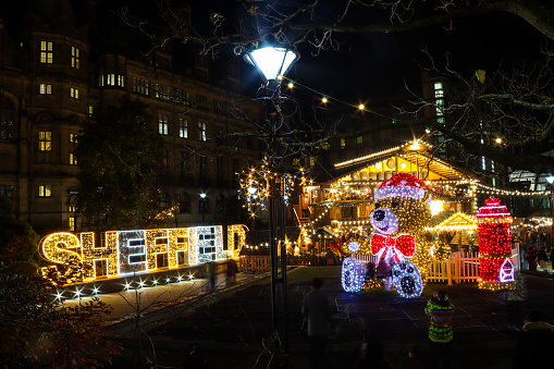 Sheffield Christmas market with lights