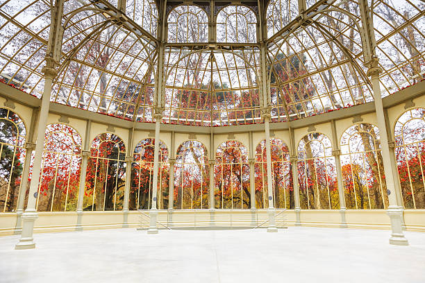 The inside of Palacio de Cristal, located in Madrid, Spain with a nice view of the Retiro park at winter ballroom photos stock pictures, royalty-free photos & images