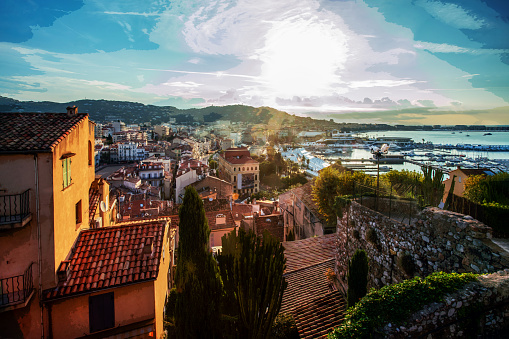 Idyllic aerial panorama of Cannes: cityscape, bay, Croisette, Palace and IGY Vieux-Port de Cannes - amazing recreation on French riviera