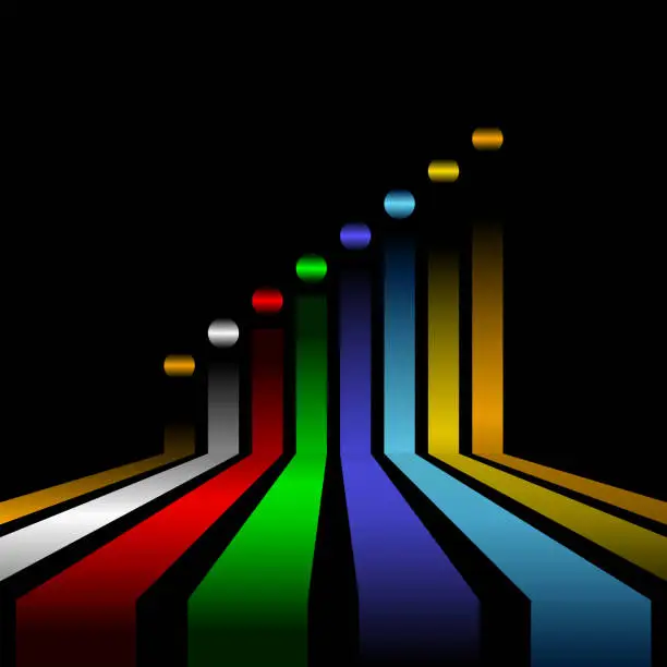 Vector illustration of Colorful 3D bar graph on a black background with metallic dots.