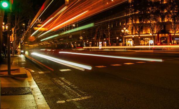 Pg. De Gracia in Barcelona at night in long exposure,  street lights,  bus in motion lights