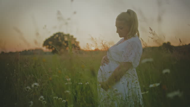 Pregnant woman in white dress in tall grass in idyllic,rural field