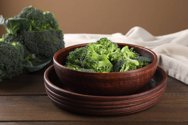 istock Bowl with fresh raw broccoli on wooden table 1835724781
