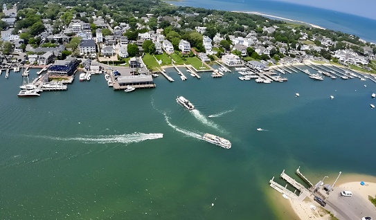 An aerial view of Rockport, Maine, featuring the town's picturesque streets and harbor