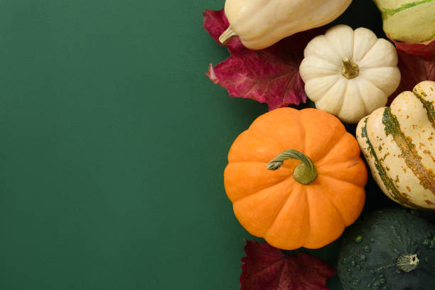 istock Happy Thanksgiving day. Flat lay composition with pumpkins on green background, space for text 1835741761