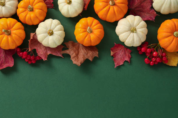 istock Happy Thanksgiving day. Flat lay composition with pumpkins on green background, space for text 1835741765