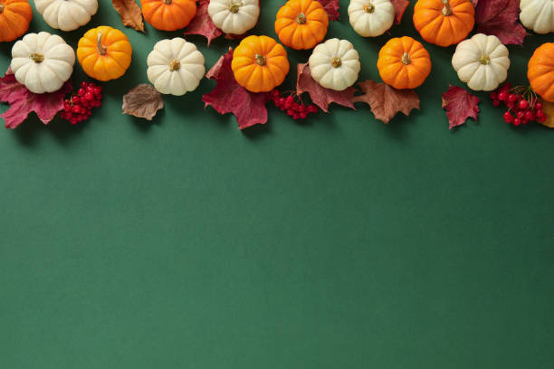 istock Happy Thanksgiving day. Flat lay composition with pumpkins on green background, space for text 1835744068