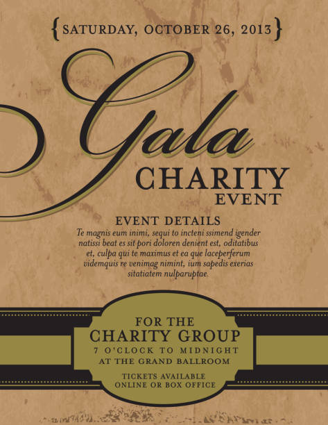 Charity gala invitation design template on paper background Vector illustration of a Gala invitation design template. Includes sample text design and design elements. Textured paper bag background. gala stock illustrations