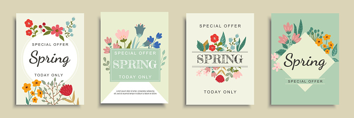 Spring sales cover brochure set in flat design. Poster templates with discount promotions and special offer cards with abstract daisy, tulips, herbs, leaves on twigs and branches. Vector illustration