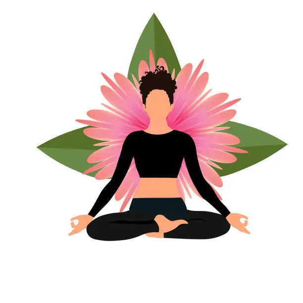 Vector illustration of woman doing yoga, meditation with flowers
