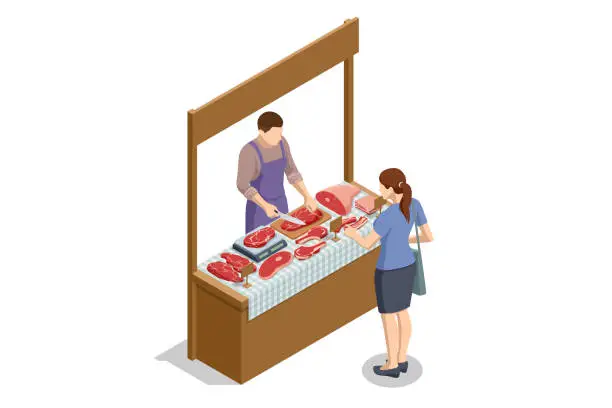 Vector illustration of Isometric male seller at place for selling meat and pork chops on local farmers market. Meat displayed for sale in butcher s shop. Street fresh meat store.