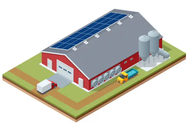 Vector illustration of Isometric Poultry Farm Industrial. Poultry farm building, production of chicken meat, eggs.