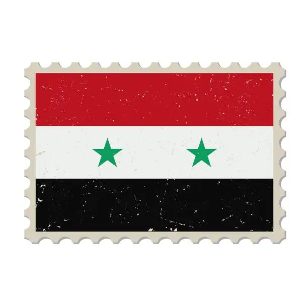 Vector illustration of Syria grunge postage stamp. Vintage postcard vector illustration with Syrian national flag isolated on white background. Retro style.