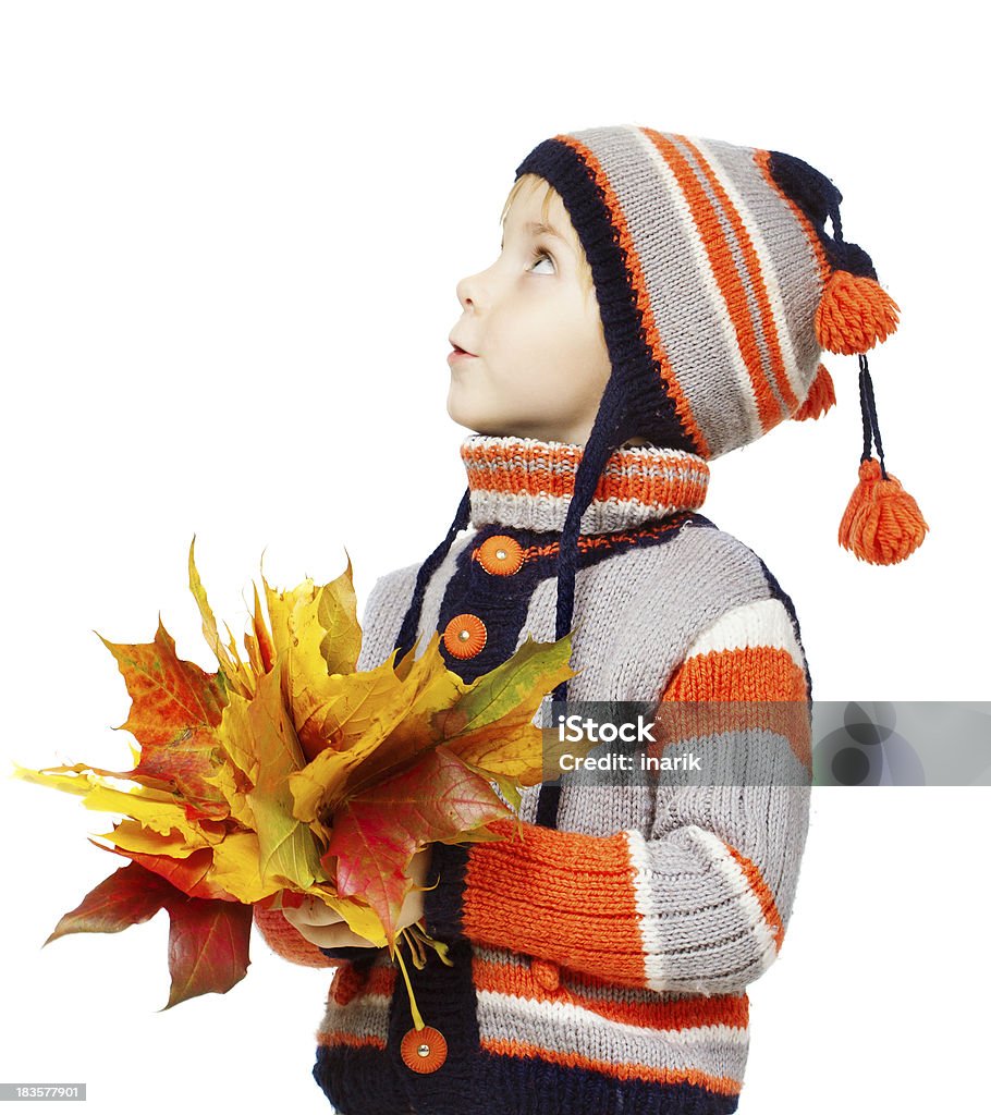 Enfant dans des vêtements en laine avec des feuilles d'automne - Photo de Enfant libre de droits