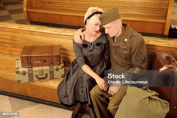 Vintage Wwii Bus Station Goodbyes Stock Photo - Download Image Now - Leaving, World War II, Adult