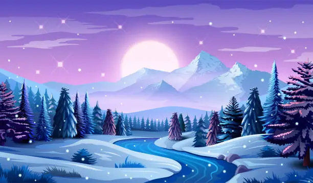 Vector illustration of Beautiful Winter Landscape with Trees, Mountains and Sunrise on the Horizon