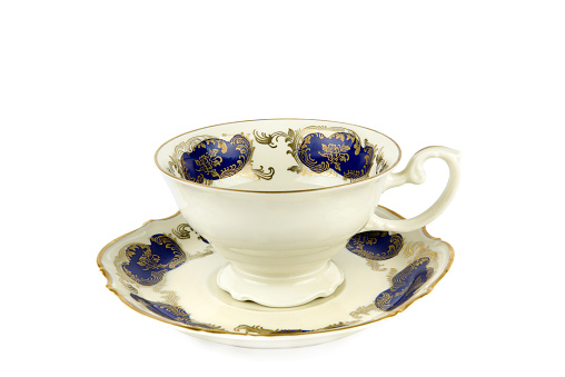 Vintage porcelain tea cup and saucer isolated on white background.