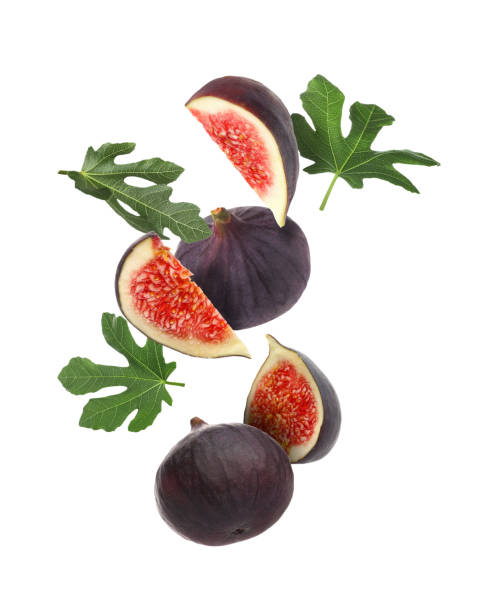 istock Fresh figs and green leaves falling on white background 1835804299