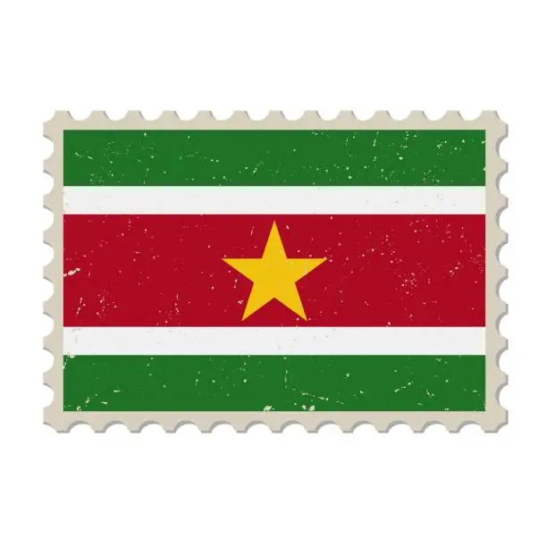 Vector illustration of Suriname grunge postage stamp. Vintage postcard vector illustration with Suriname national flag isolated on white background. Retro style.