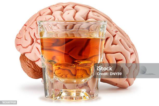 Снимок Glass Of Whiskey Перед Головного Мозга — стоковые фотографии и другие картинки Алкоголь - напиток - Алкоголь - напиток, Злоупотребление алкоголем, Мозг человека