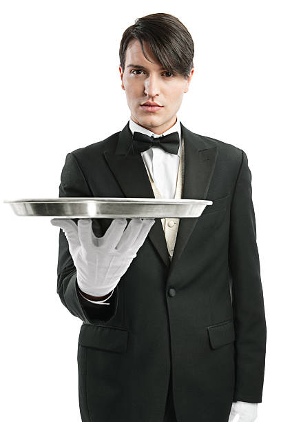 cameriere con un vassoio vuoto - serving tray silver plate foto e immagini stock