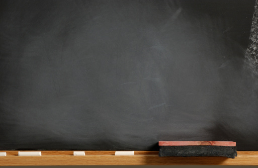 Old fashion Blank School chalkboard or blackboard with eraser and chalk on wooden shelf tray.