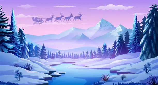 Vector illustration of Winter landscape with fir trees and mountains on the horizon with Santa Claus in the sky