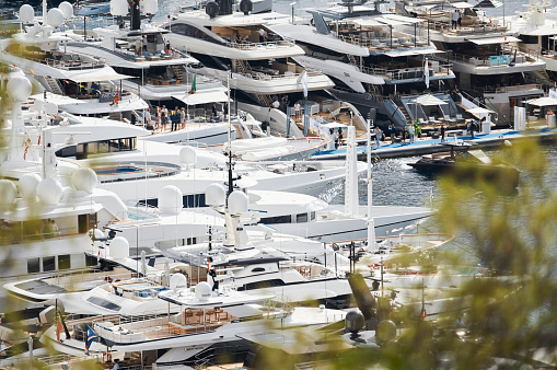 Monaco, Monte Carlo, 27 September 2022 - a lot of luxury yachts at the famous motorboat exhibition in the principality, the most expensive boats for the richest people around the world, yacht brokers