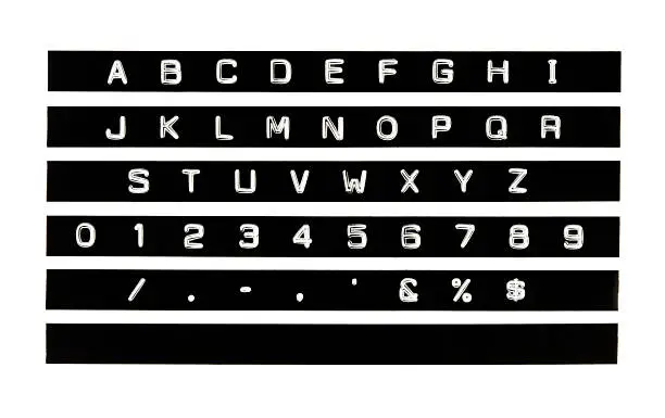 "Create your own retro embossed adhesive labels with this set. A space has been added between each character allowing you to easily copy characters to the blank strip below. Copy characters, trim the strip and youaare done. For an authentic look, I would bring the left and right edges in near your text to retain the trimmed ends. A related image from my portfolio:"