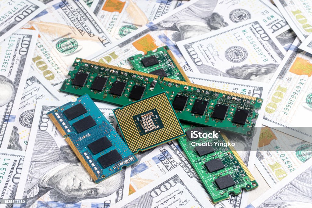 Cpu How Money Computer Cpu And Memory Chips On Us Dollars Background Stock Photo ...