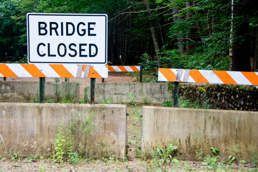 Tall weeds around the cement barriers suggest that this bridge has been closed for a long time.