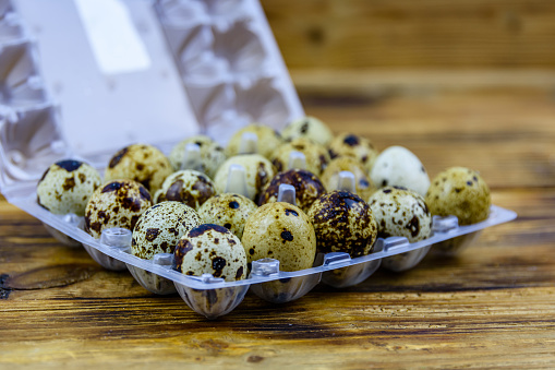 Spotted quail eggs in plastic box. Healthy nutrition