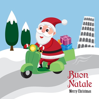 Cute cartoon style illustration of Santa Claus on a scooter