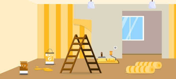 istock Vector illustration of modern rooms being renovated. Cartoon interior with wallpapering, glue, paint, stairs, rollers, brushes, empty rooms. 1835886380