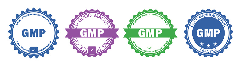 GMP set of round badges. Certified industrial stickers for products with Good Manufacturing Practice tag.