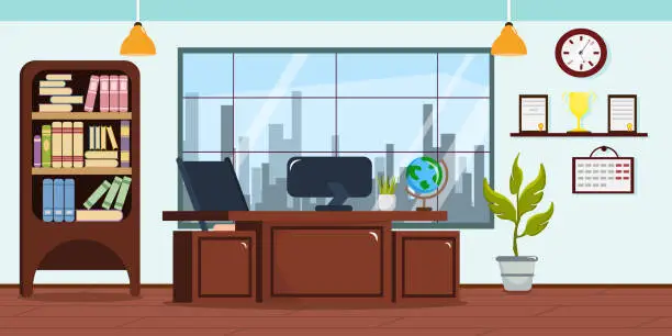 Vector illustration of Vector illustration of modern interior director's office. Cartoon interior with table, computer, flowerpots, globe, calendar, shelf with awards and cups, bookcase, clock.