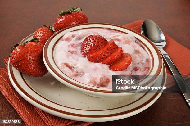 Greek Yogurt With Strawberry Topping Stock Photo - Download Image Now - Berry Fruit, Breakfast, Cream - Dairy Product