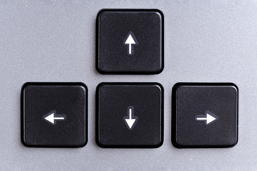 Cursor keys, left, right, top, down, direction keys or navigation arrow keys on gray computer keyboard