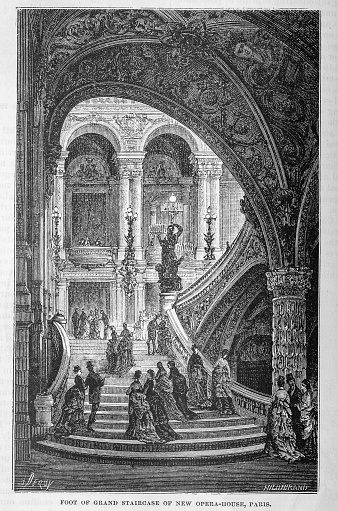 Illustration from Harper's New Monthly Magazine Vol. LIV December 1876 to May 1877:  Architectural drawing of people ascending the grand staircase of New Opera House in Paris