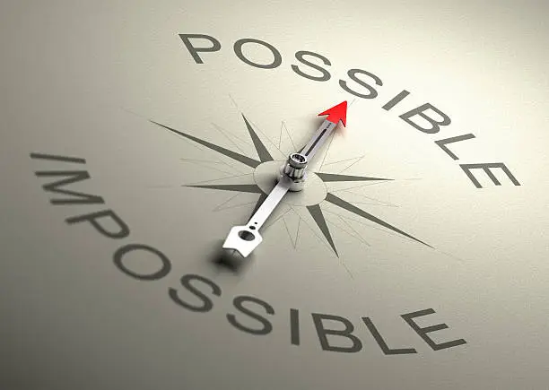 Needle of a compass pointing on the word possible, Realistic 3D render with depth of field, blurr effect on the word impossible.