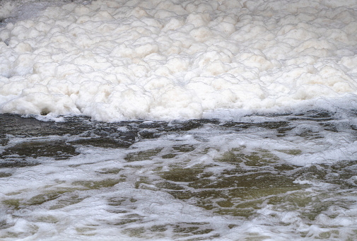 pollution of river, close up white foam floating on river