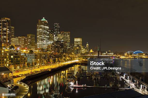 Seattle Downtown Waterfront Skyline At Night Reflection Stock Photo - Download Image Now
