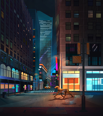 dog running past the storefronts of a city street at night.