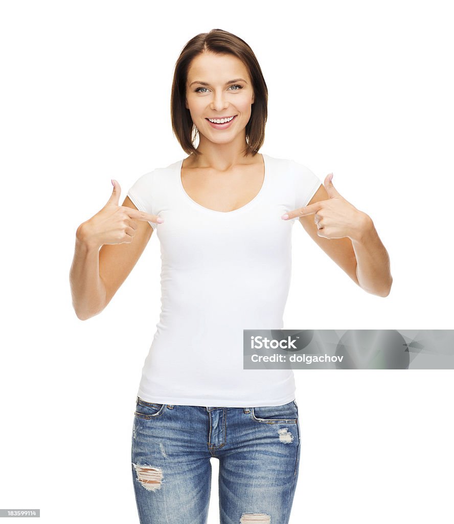 woman in blank white t-shirt t-shirt design concept - smiling woman in blank white t-shirt Adult Stock Photo