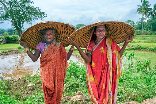 Two women of Indian ethnicity portrait together outdoor in nature. The both are wearing traditional Indian clothes.