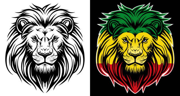 jamajskie reggae rasta lew widok z przodu z rastafariańskich kolorów na ciemnym tle. lion of judah face eps vector art image illustration. - ragga stock illustrations