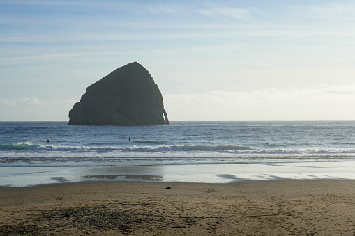 Oregon coast is bordered by the Pacific Ocean and stretches approximately 360 miles from Californias border in the south to the Columbia river in the north.